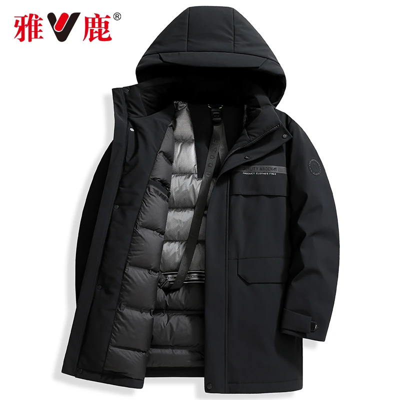 雅鹿冬季羽绒服中年男士中长款连帽休闲保暖加厚蓄热鹅绒冬装外套