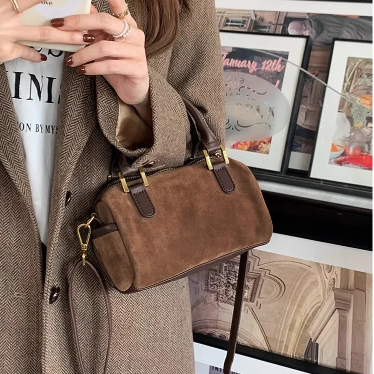 韩版秋冬新款复古绒面百搭单肩斜跨小包包小众波士顿手提女包潮