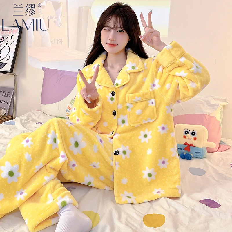 兰缪网红款珊瑚绒保暖睡衣女生款可爱秋冬季可外穿加厚加绒家居服