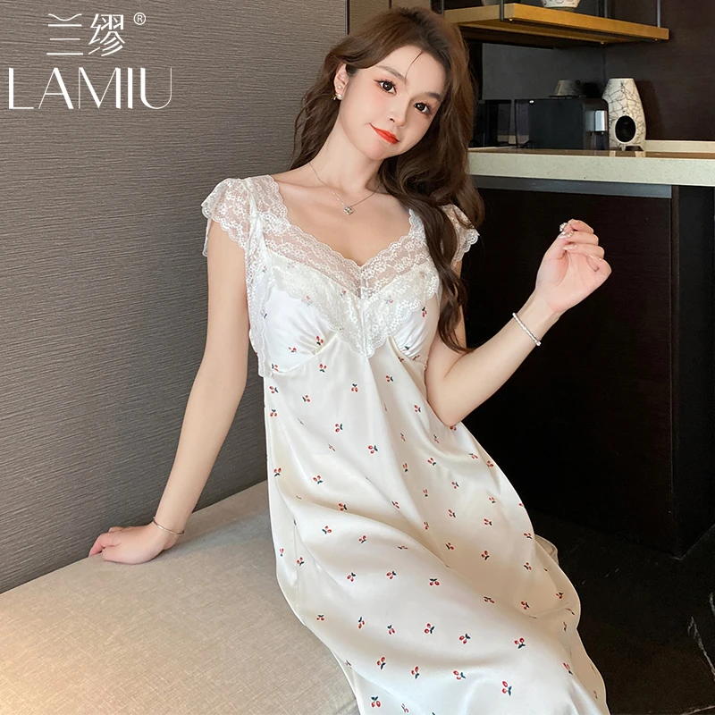 兰缪夏季2024新款冰丝睡裙女生薄款大码蕾丝睡衣纯欲风少女连衣裙