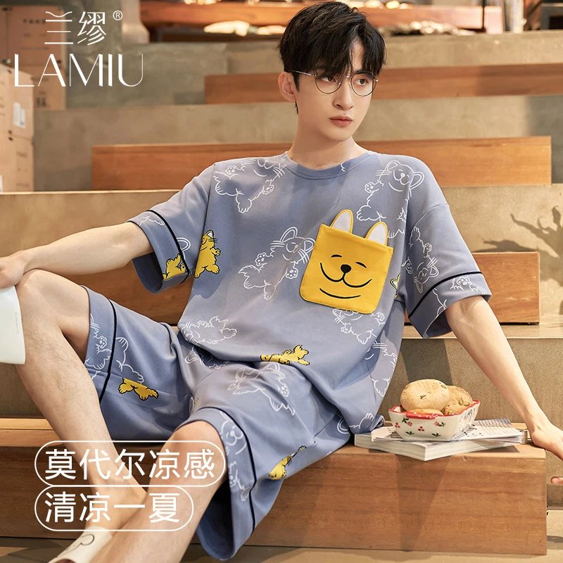兰缪男士睡衣夏季新款2024爆款宽松大码卡通男款短袖短裤家居服