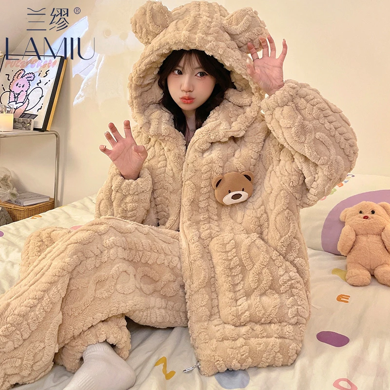 珊瑚绒连帽大码睡衣女生可爱秋冬季可外穿加厚法兰绒少女款家居服