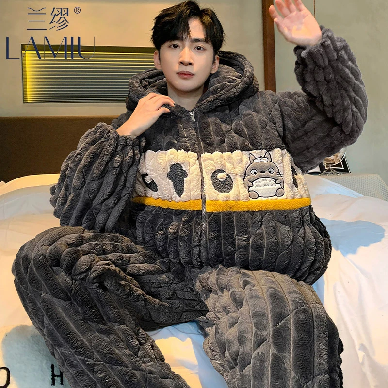 珊瑚绒睡衣男士冬季三层夹棉加厚加绒青少年男款保暖秋冬天家居服