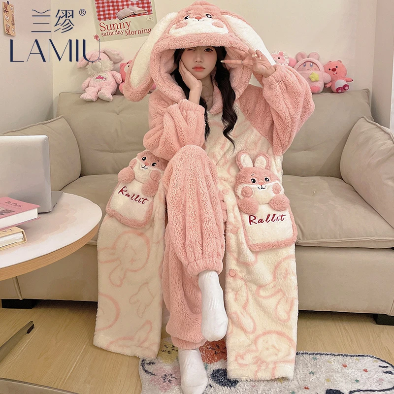 兰缪睡袍女学生秋冬季珊瑚绒法兰绒浴袍加绒加厚长款睡衣家居服
