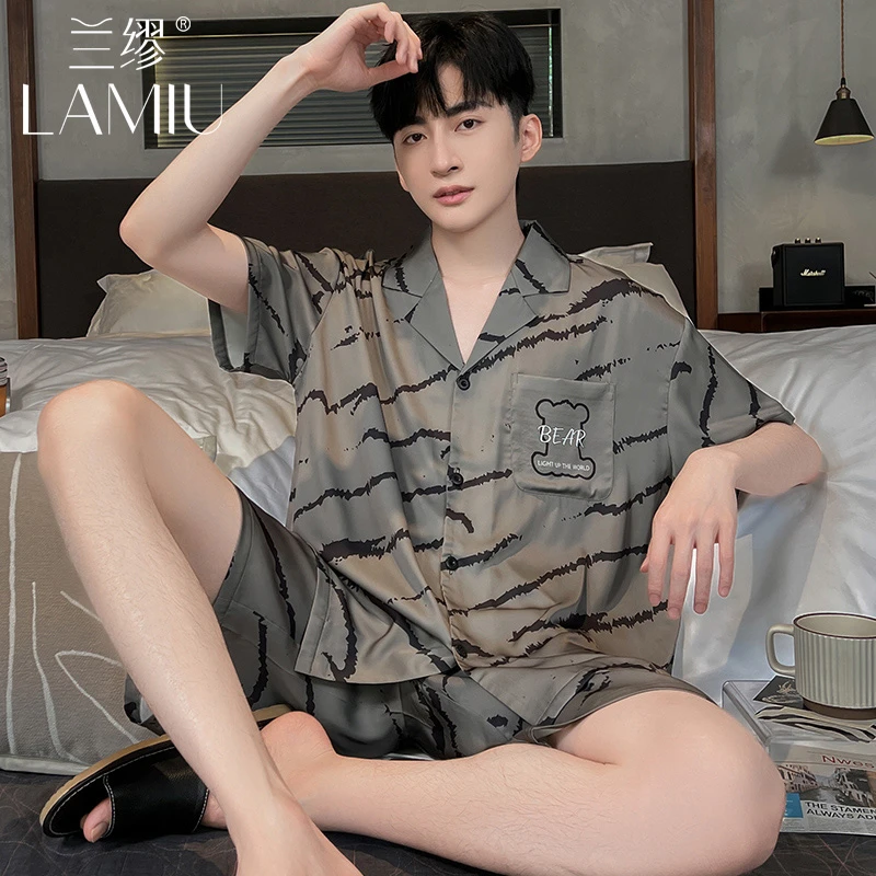 兰缪冰丝男士睡衣夏季2024新款高档仿真丝短袖可外穿青少年家居服