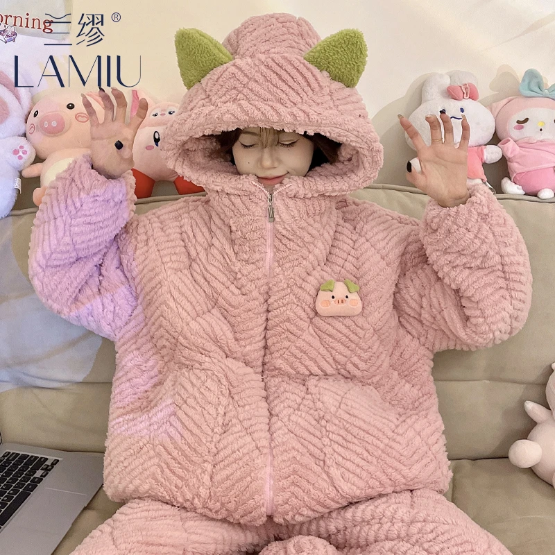 兰缪珊瑚绒睡衣女款春秋冬季2024新款三层夹棉加厚法兰家居服套装