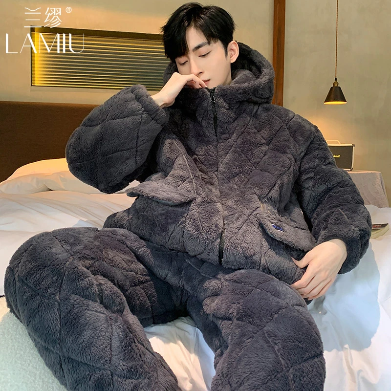 兰缪睡衣男冬季加厚加绒三层夹棉保暖珊瑚绒男士加大码家居服套装