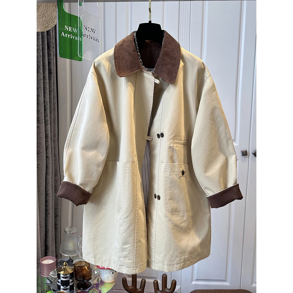 撞色翻领中长款风衣女2024秋冬新款宽松高级感休闲复古工装外套