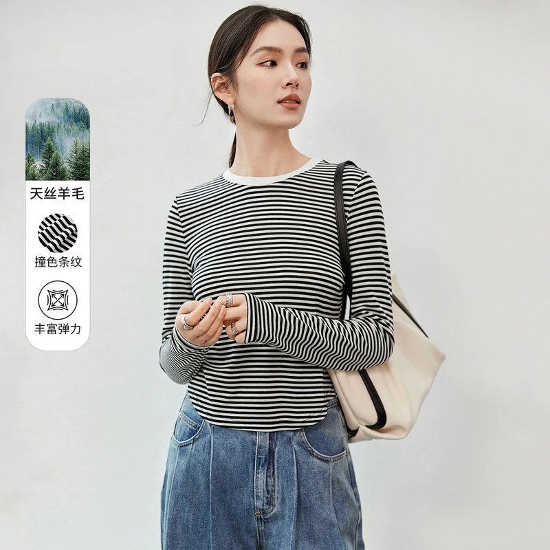 尚都比拉针织天丝腈纶羊毛棉质T恤女春季款撞色条纹长袖上衣56267