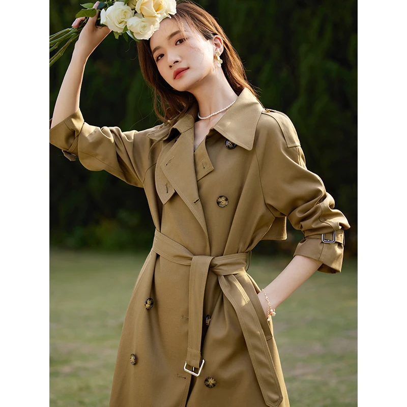 尚都比拉双排扣腰带风衣长袖上衣港风翻领宽松中长款外套42871