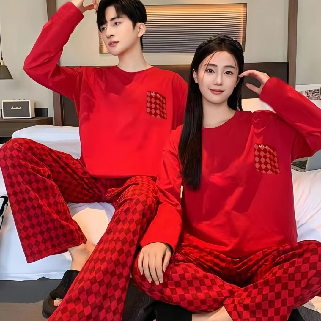 情侣睡衣本命年女士纯棉春秋季长袖红色喜庆2025蛇年男家居服套装