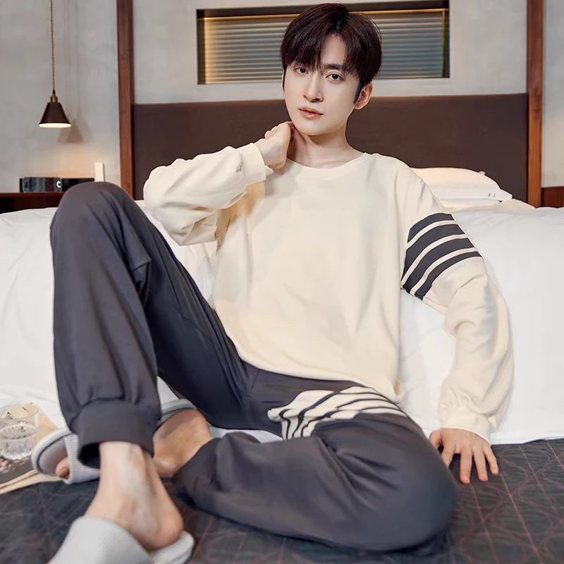 100%纯棉男士睡衣春秋季长袖青少年睡衣可外穿家居服套装睡衣男
