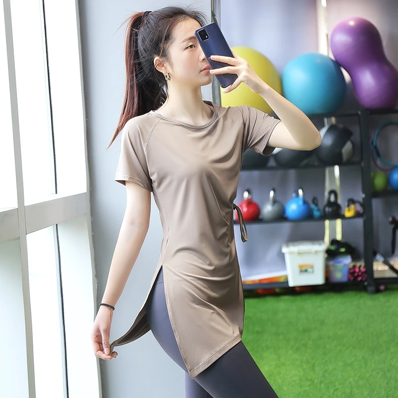 健身衣女长款遮臀防尴尬速干跑步短袖瑜伽服上衣罩衫运动半袖T恤