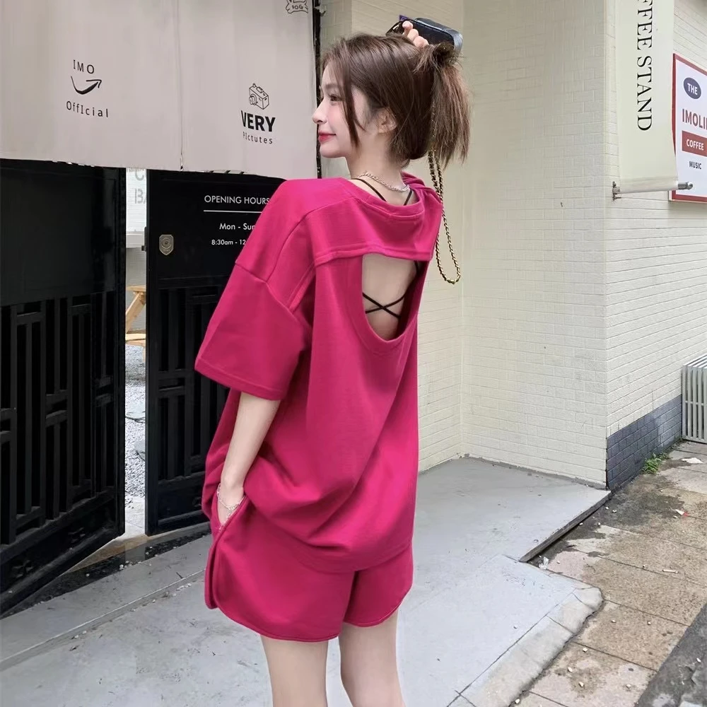 显瘦炸街休闲运动套装女夏季2025款时尚露背短袖宽松洋气两件套