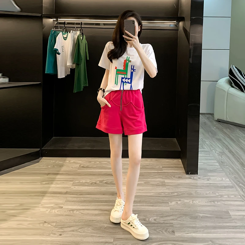 潮牌洋气休闲运动套装女夏新款小个子大码时尚白色上衣宽松两件套