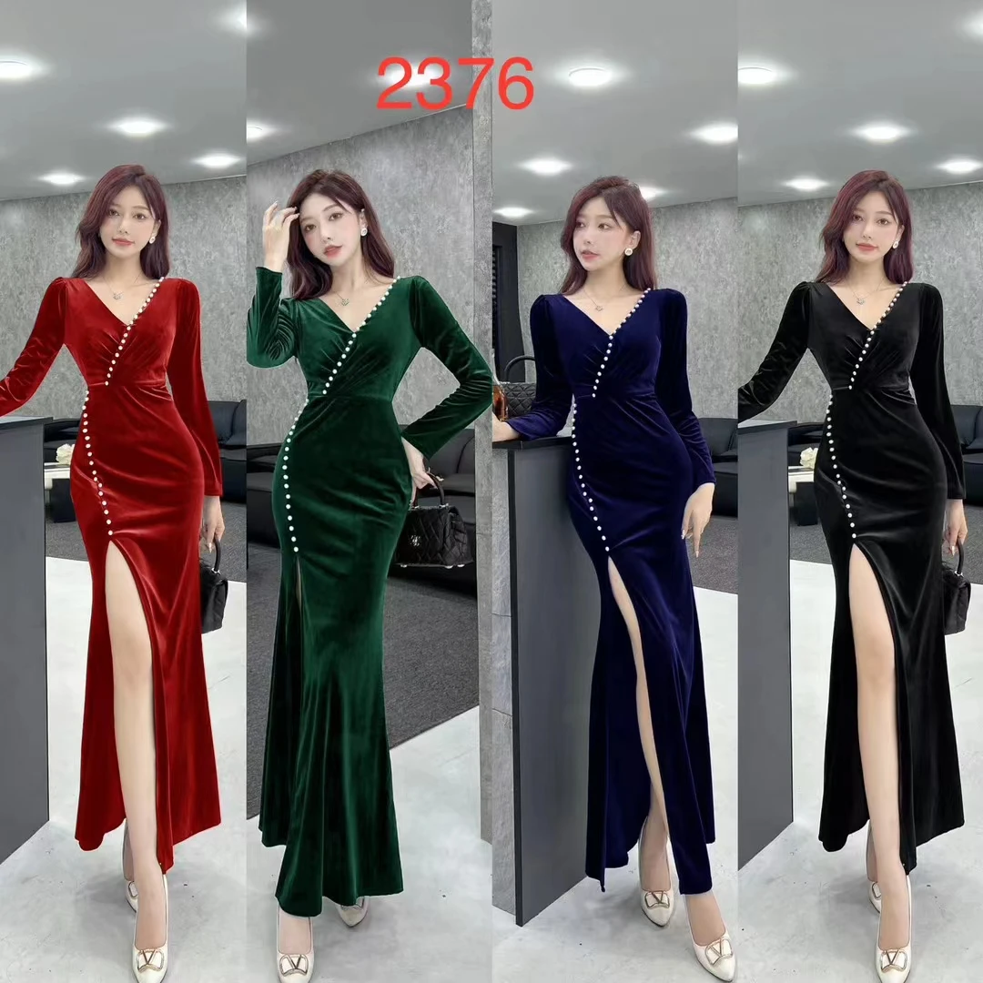 性感丝绒晚礼服长款小众高端气质名媛聚会开叉包臀连衣裙显瘦