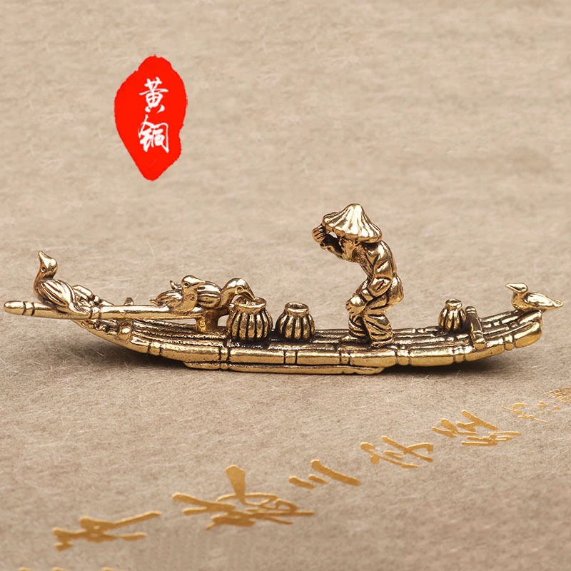 黄铜复古鸬鹚抓鱼手工创意雕刻桌面摆件茶道摆件