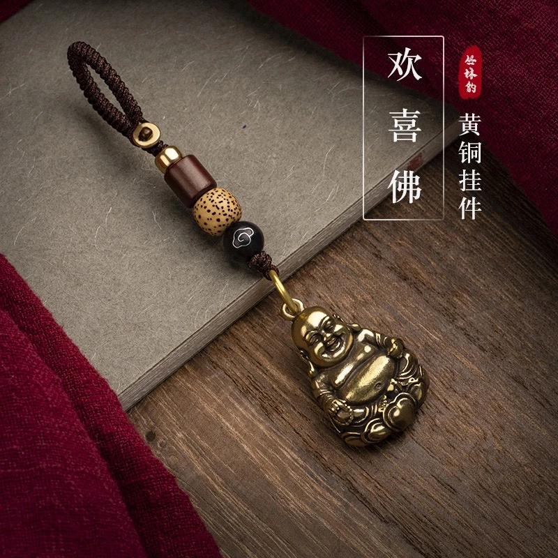 黄铜欢喜佛汽车钥匙扣挂件古风高档手工编织挂饰摩托钥匙链吊坠男