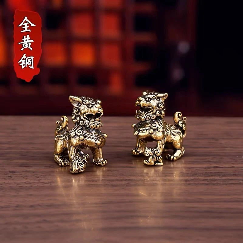 实心纯黄铜小铜狮子摆件一对家居摆设桌面居家客厅复古茶宠装饰品