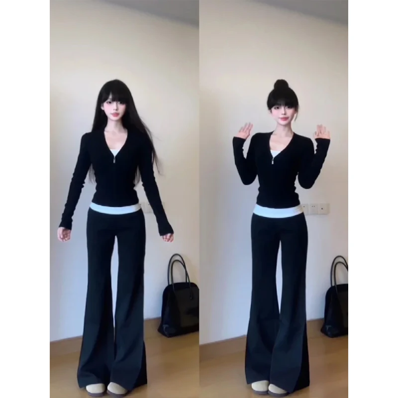 冷淡系独特撞色假两件长袖T恤女秋季内搭V领露锁骨修身打底衫上衣