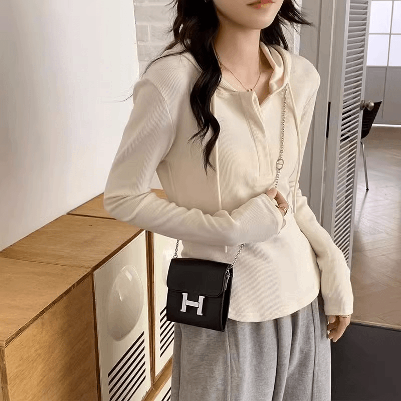 奶杏色正肩连帽长袖小衫女卫衣早秋季修身不规则显瘦帽衫t恤上衣