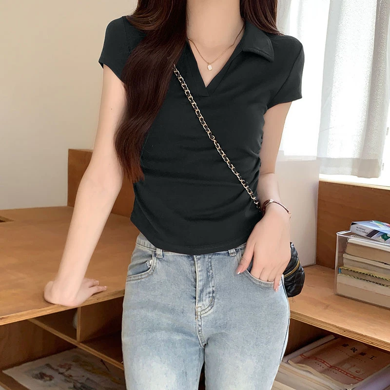 美式短款polo领正肩t恤女短袖夏季抽褶收腰百搭显瘦上衣打底衫潮