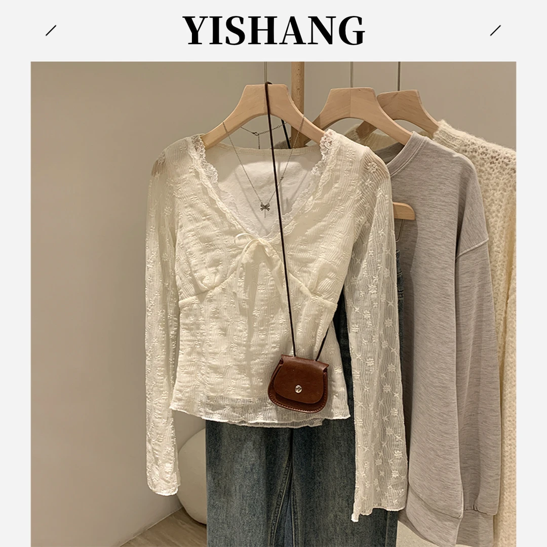 蕾丝印花V领打底衫女2024秋冬季时尚系带纯欲感修身收腰内搭长袖