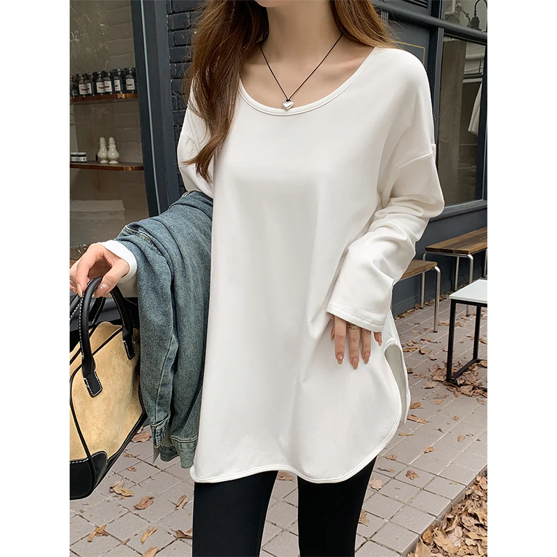 韩版不规则开叉中长款大领口磨毛款长袖T恤女秋季宽松打底衫上衣