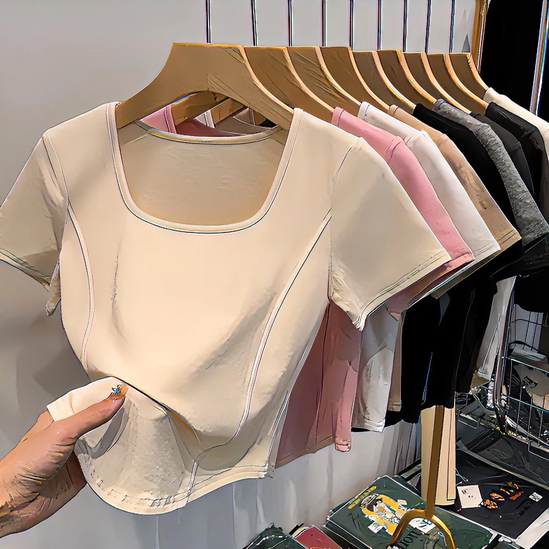 时尚方领显瘦短款女夏季白色短袖T恤上衣短袖正肩洋气女士装薄款