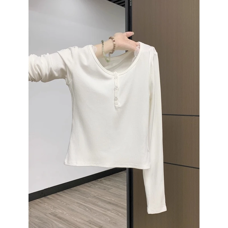 白色纯欲蕾丝纽扣半开领长袖T恤女秋冬季修身设计感小众甜妹上衣