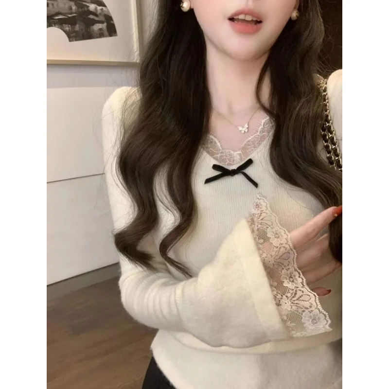 【部分现】软糯百搭蕾丝领蝴蝶结春秋季打底衫新款早春穿搭针织衫
