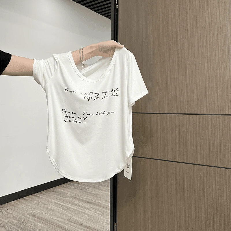 夏季小众ol字母印花短袖t恤女装时尚百搭显瘦短款设计感高腰上衣