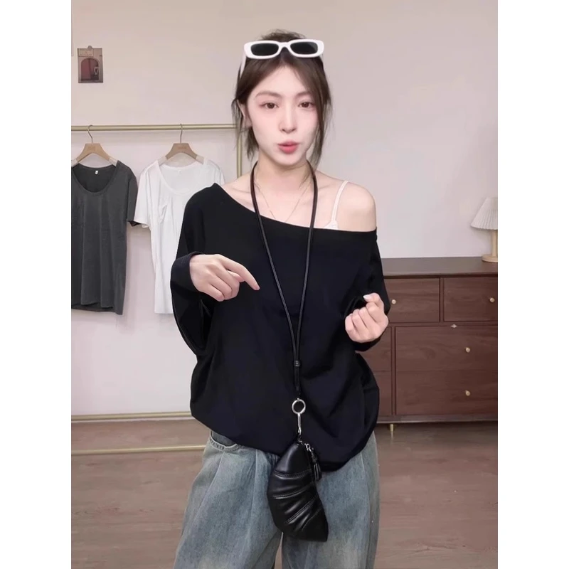 张婧仪同款斜肩长袖t恤女秋季纯欲打底衫宽松慵懒松弛感露肩上衣