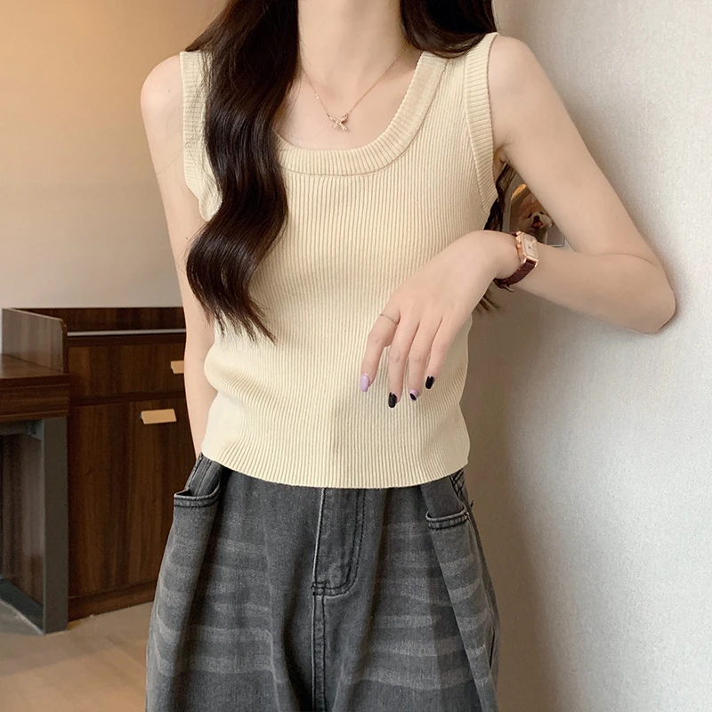 夏季短款u领外穿冰丝薄款针织t恤百搭上衣无袖内搭吊带女背心打底