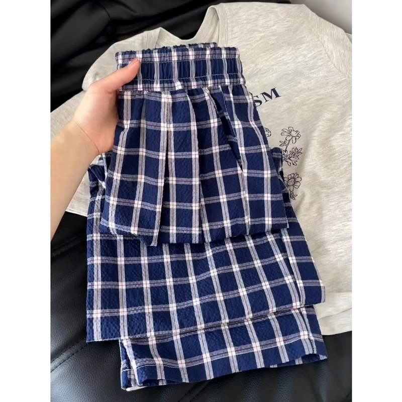 赵露思明星同款藏蓝色格子休闲裤女夏宽松慵懒风垂感高腰直筒长裤