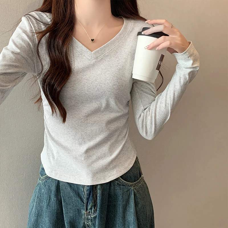 正肩v领棉长袖t恤女春秋季设计感抽褶紧身短款美式上衣百搭薄款