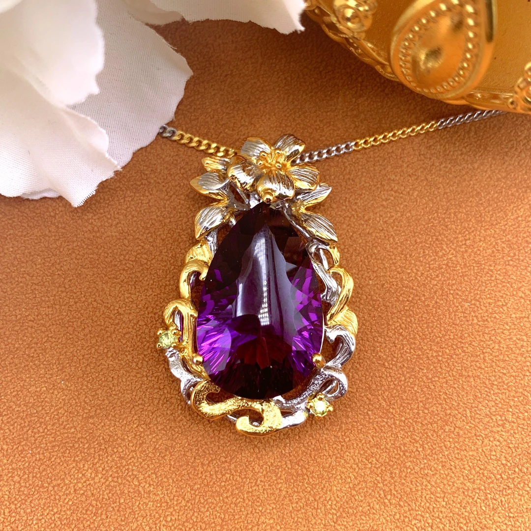 【aoak】A037天然紫水晶925银镀金独特藤蔓环绕水滴形吊坠