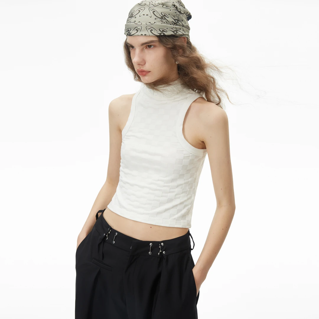 出逃赤岗西 原创设计复古冰丝棋盘格半高领无袖背心马甲女夏显瘦