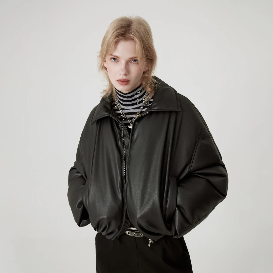 【出逃赤岗西】廓形免洗黑色皮羽绒服冬季加厚皮羽绒外套女