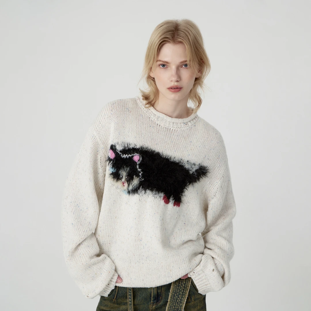 出逃赤岗西 原创慵懒风猫咪毛衣女秋冬设计感软糯套头羊毛针织衫