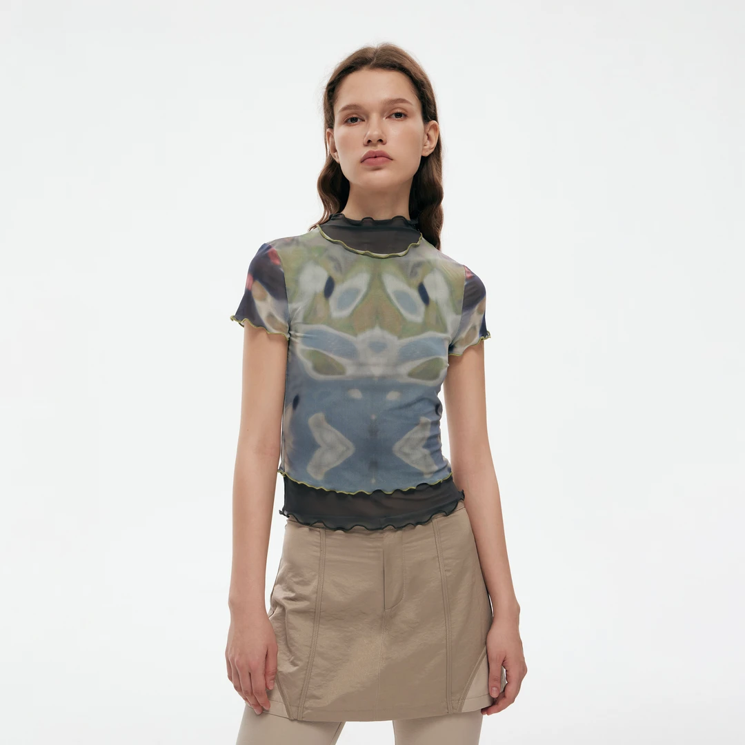 出逃赤岗西 原创小众设计感扎染印花修身弹力透视薄款网纱短袖t恤