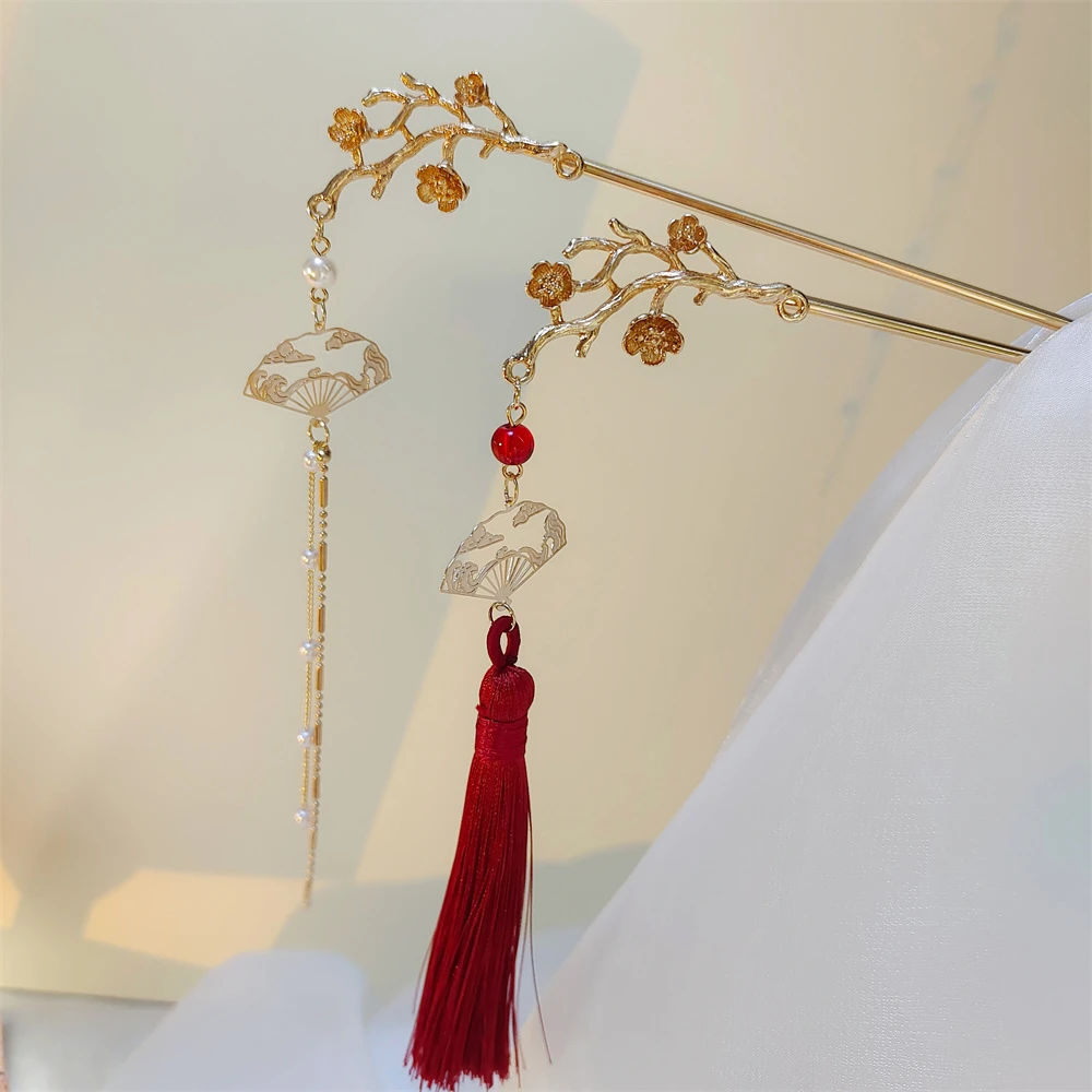 桃枝流苏发簪古风后脑勺盘发扇子手工簪子百搭