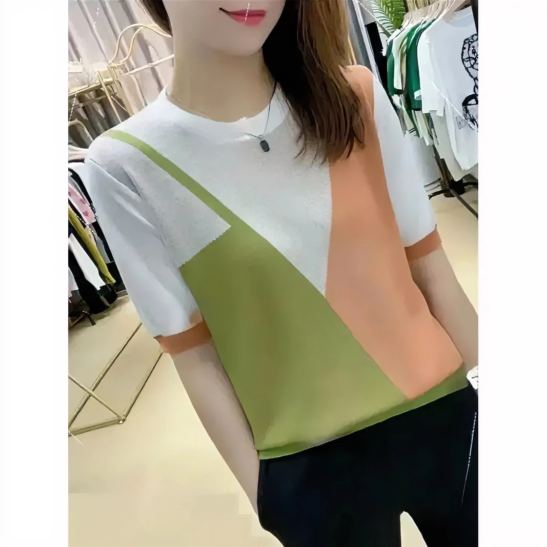 2025夏新款短袖t恤女常规拼三色设计辣妹冰丝针织衫时尚百搭短袖