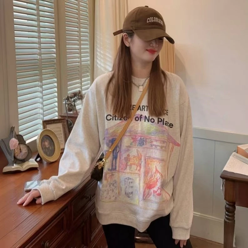 【木马屋】 2024秋冬小众设计师新款时尚宽松圆领印花休闲百搭卫衣