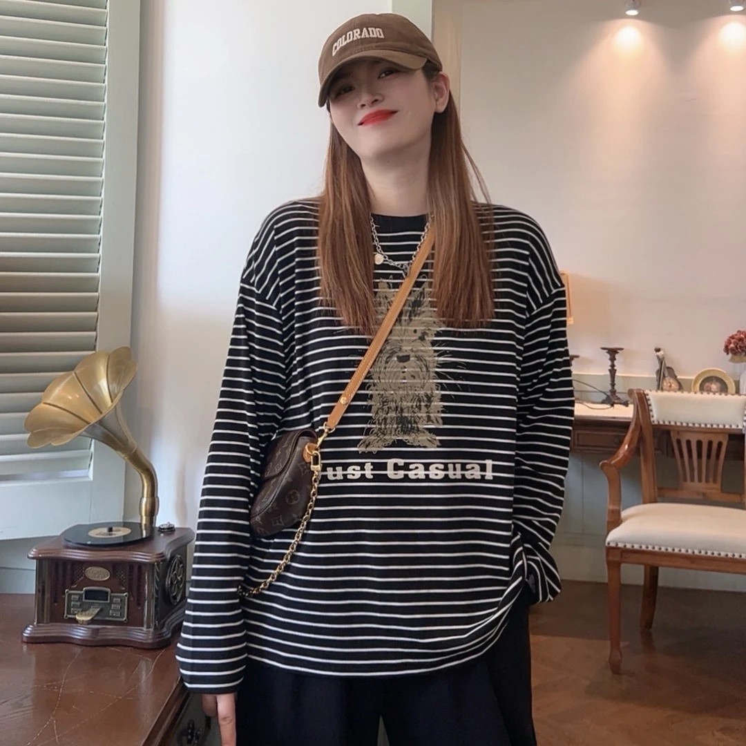 【猫头鹰】2024小众设计师新款时尚宽松圆领条纹印花休闲百搭长袖T