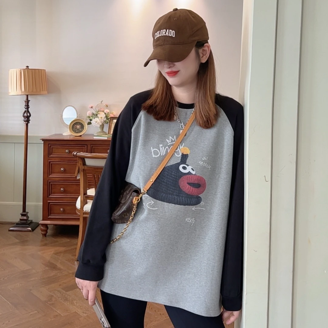 【异形幻想】2024加绒欧货显瘦新款时尚宽松圆领印花休闲百搭长袖T