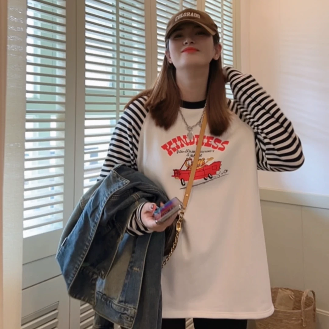 【加菲猫】2024秋冬设计师加绒新款时尚宽松圆领印花休闲百搭长袖T