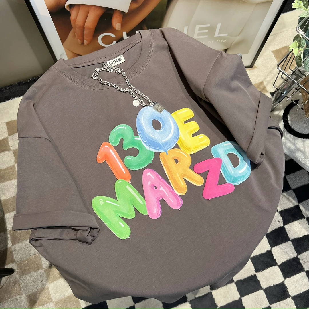 【趣味字母】2023夏季设计师款时尚宽松发泡字母印花圆领休闲T恤