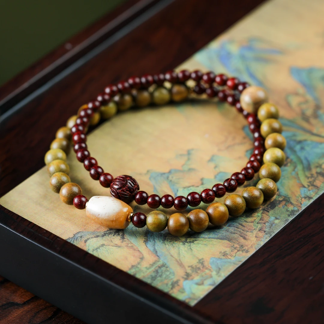 【意婵】安宁香|精品天然小叶紫檀双圈绿檀珊瑚玉配件-900218