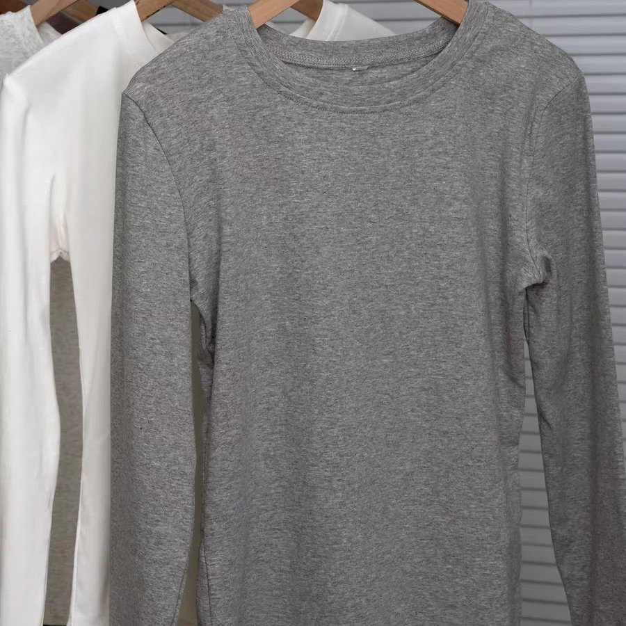 纯色棉T恤女2024年新款春秋纯基础体恤显瘦修身长袖圆领打底上衣